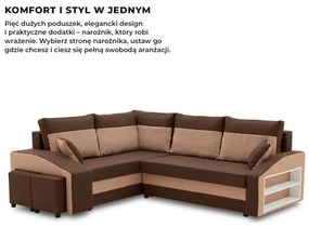 Grande sarokkanapé polcokkal és puffokkal , polc a jobb karfaban puffok a bal karfaban, baloldali, szövet anyag, bonell töltet, barna