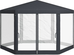 Outsunny 4x4m Hatszögletű Kerti Pavilon Hálós Falakkal, 2 Ajtóval, Állítható Lábakkal, Fém és Poliészter Pavilon Cövekekkel és Kötéllel, Szürke | Aoso