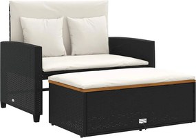 vidaXL 2 személyes fekete polyrattan/akácfa kerti kanapé párnával