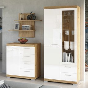 Mazzoni SIMPLE bútorkollekció Arany Tölgy/Fehér Fényes - VITRINES SZEKRÉNY FALI POLC KOMÓD NAPPALIBA