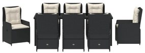 9 Darabos Kert Étkező Szett Fekete Poly Rattan, Kert Asztal Fekete 200x80x73 cm Edzett Üveg