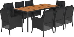 vidaXL 9 részes fekete polyrattan kerti étkezőgarnitúra párnákkal