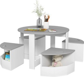 AIYAPLAY 5 Részes Gyermektáblakészlet és Székek, Helytakarékos Fa Asztal és Székek Tárolórekesszel, Szürke | Aosom