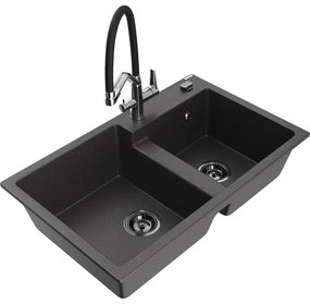 Mexen Tomas kéttálcás gránit mosogató Duo konyhai csappal, fekete pettyes - 6516-76-671701-07-B