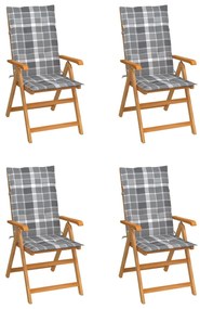vidaXL 4 db tömör tíkfa kerti szék szürke kockás párnákkal