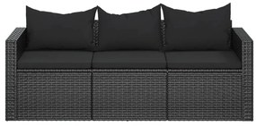 Fekete 3 személyes polyrattan kerti kanapé párnákkal