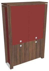 Verno+ S magas szekrény 140 x 46 x 210 cm, kombinált ajtó, dió / piros