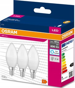 3x Led izzó E14 B39 7,5W 60W 806lm 6500K Hideg 220° Osram Value