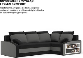 Grande sarokkanapé polcokkal , polc a jobb karfaban, jobboldali, szövet anyag, hab töltet, fekete - szürke