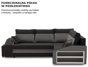 Grande sarokkanapé polcokkal és puffokkal , polc a jobb karfaban puffok a bal karfaban, jobboldali, szövet anyag, bonell töltet, fekete - szürke