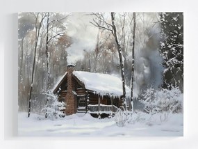 Vászonkép Canvas Tájkép Erdő Kunyhó Ház Hó Fagy Hófúvás Tél 100x75