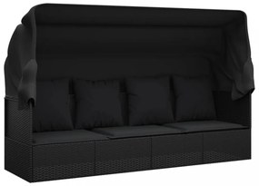 fekete polyrattan kültéri társalgókanapé tetővel és párnákkal