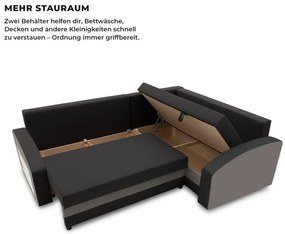 Grande sarokkanapé polcokkal , polc a bal karfaban, jobboldali, szövet anyag, hab töltet, fekete - szürke