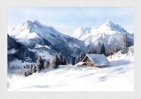 Poszter Keret Fa Akvarell Tájkép Hegyek Alpok Menedékház Tél 60x40