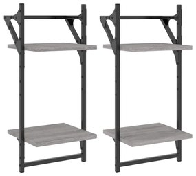 2 db 2 szintes szürke sonoma tölgy falipolc rúddal 30x25x65 cm