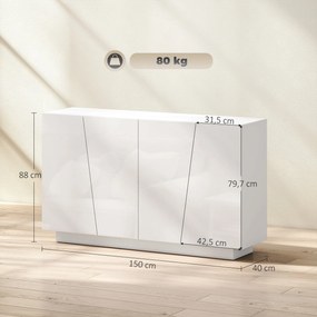 HOMCOM Tároló Szekrény Ajtókkal és Állítható Polccal, Tároló Ruhásszekrény Nappaliba, Konyhába, Hálószobába, 150 x 40 x 88 cm, Fehér Fényes | Aosom