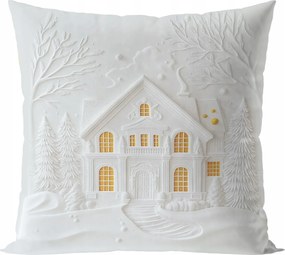 Karácsonyi Párnahuzat Velvet Házikó 3D Hatású 40x40cm szürke-fehér