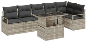 7 darabos kerti kanapé szett párnákkal, világosszürke poly rattan, 2 személyes kerti kanapé tárolóval és párnákkal, szürke poly rattan