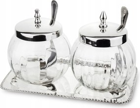 Kpl.dwóch Tálcatartó üveg ezüst kanál fedél szett