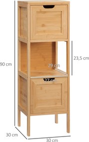 kleankin Szabadon álló fürdőszobai szekrény bambusz lábakkal, 2 eltávolítható fiókkal és 1 polccal - természetes dizájn - 30 x 30 x 90 cm | Aosom