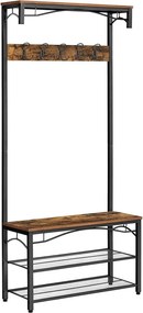 Előszoba fogas polccal, akasztókkal, cipőtartóval és ülőkével, rusztikus barna 80x32x178cm