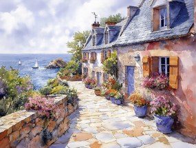 Vászonkép Canvas Bretagne Vitorlások Tenger Házak Virágok Franciaország 100x75