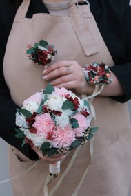 Esküvői szett, menyasszonyi csokor, fejdísz, zsebdísz,