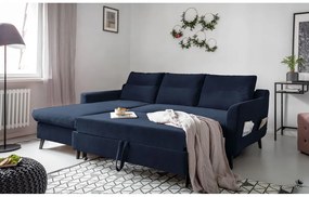 Stylish Stan sötétkék kinyitható bársony sarokkanapé, bal oldali - Miuform
