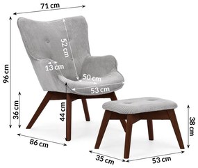 Szürke kordbársony fotel lábtartóval Niko – Ropez