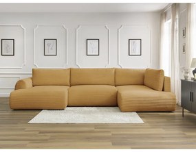 Mustársárga kordbársony kinyitható sarokkanapé (bal oldali-U alakú) Lucien – Bobochic Paris