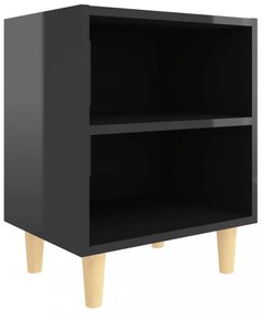 magasfényű fekete éjjeliszekrény tömör fa lábakkal 40x30x50cm