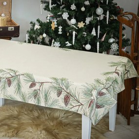 Fenyőág tobozzal ezüst lurexes, gépi gobelin asztalterítő, 137 x 240 cm