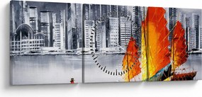 Festmény - Victoria Harbour, Hong Kong, fekete-fehér olajfestmény (órával) (90x30 cm)