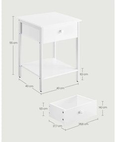 Éjjeli szekrény, lerakó asztal, fiókkal és polccal, fehér 40x40x55cm