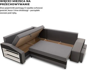 Grande sarokkanapé polcokkal és puffokkal , polc a bal karfaban puffok a jobb karfaban, baloldali, szövet anyag, hab töltet, szürke - fekete