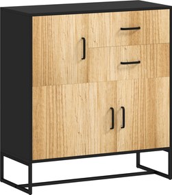 HOMCOM Modern Konyhai Buffetszekrény 3 Szekrénnyel és 2 Fiókkal, Többcélú Bútor Forgácslapból és Acélból, 80x35x85 cm, Fekete és Fa Szín | Aosom