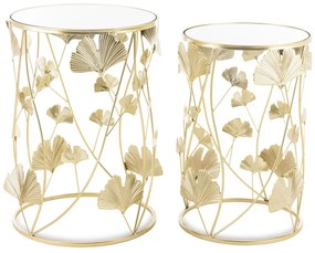 Design arany 2db-os fém asztal szett Ginkgo Biloba levelekkel, tükrös üveg asztallap 55x38x38/50x33x33cm