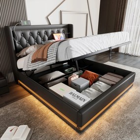 Kárpitozott ágy Dupla ágy Usb Type-C 160x200cm Hidraulikus fekete