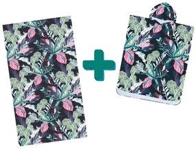 Strandkészlet NIGHT BLOSSOM – Fürdőlepedő 100×180 cm és poncsó 80×145 cm, fekete