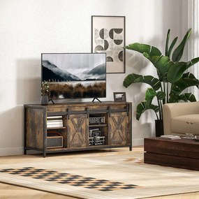 HOMCOM TV-szekrény, ipari formatervezés, 60"-os tévékhez, 6 rekesszel, 2 tolóajtóval, barna/fekete
