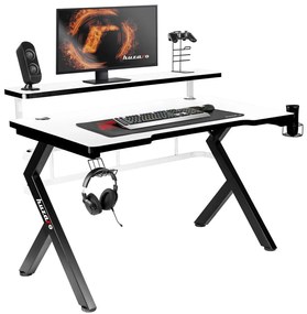 Gamer asztal játékasztal, monitor állvánnyal, 120 x 60 x 69,5 cm, alumínium / HDF, fekete / fehér