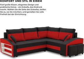 Grande sarokkanapé polcokkal és puffokkal , polc a bal karfaban puffok a jobb karfaban, jobboldali, szövet anyag, hab töltet, fekete - piros