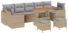 10 darabos kertbútor szett párnákkal bézs poli rattan akáciából, 3 darabos kert étkező szett párnákkal bézs poli rattan akáciából