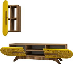 Defne Yellow and Walnut TV-szekrény szekrénnyel