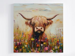 Canvas Vászonkép Skót Tehén Highland Rét Virágok Tavasz 40x40