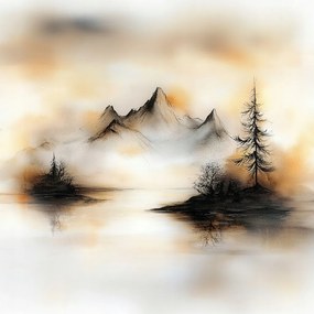 Vászonkép Canvas Grafika Tájkép Hegyek Tó Sziget Fa 40x40