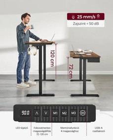 Elektromos magasságállítható íróasztal 140 × 60 cm, konnektorokkal és USB-portokkal, vintage barna-fekete