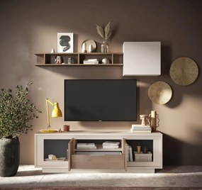 SKY 2.0 TV-szekrény 2 ajtóval és 1 fiókkal, kasmír színű laminált vázzal és Mercure tölgy mintázatú laminált előlapokkal