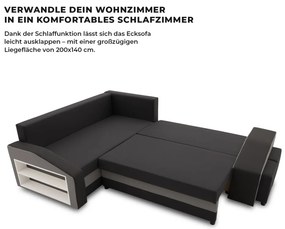 Grande sarokkanapé polcokkal és puffokkal , polc a bal karfaban puffok a jobb karfaban, baloldali, szövet anyag, bonell töltet, fekete - szürke