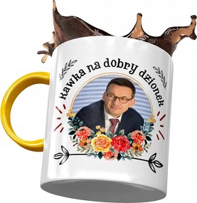 Sárga bögre Mateusz Morawiecki Premier Ajándék Nyomtatott Fotóval